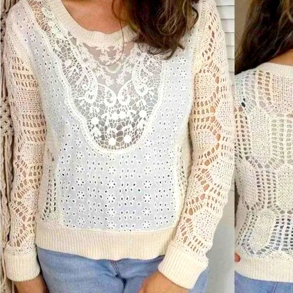 Free People Cream Crochet Knit Eyelet Lace Sweater - Picture 4 of 8